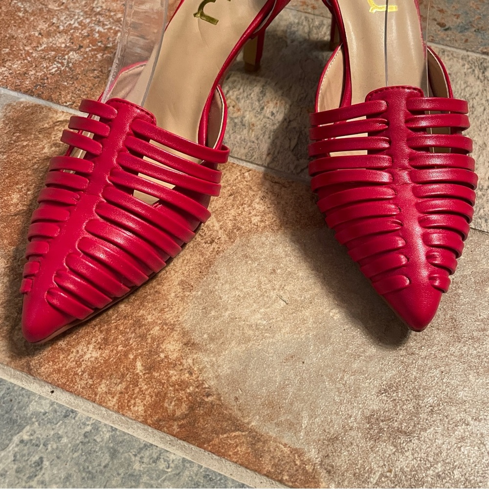 👠NWOB!! FSJ Caged Pointed Toe Sling Back Vibrant Red Patent Pumps! - Picture 2 of 11